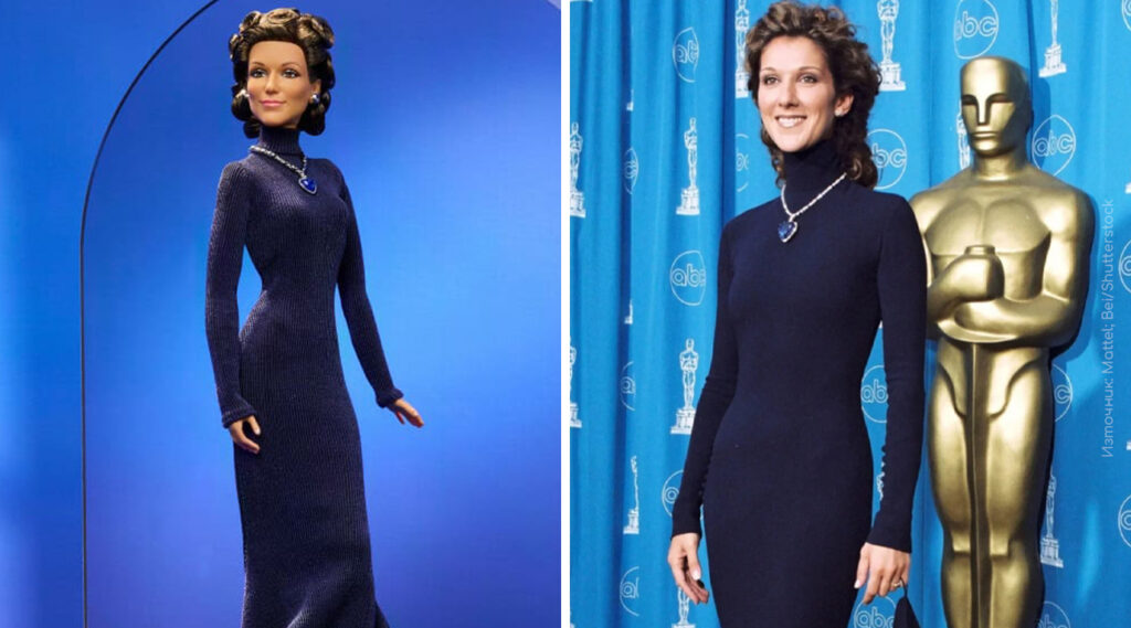 Колекционерска кукла Barbie на Селин Дион с тъмносиня рокля и синьо колие във формата на сърце, вдъхновена от „Оскарите“ през 1998 г.