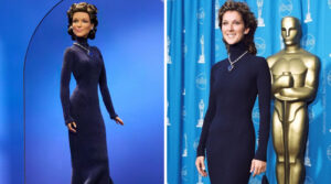 Колекционерска кукла Barbie на Селин Дион с тъмносиня рокля и синьо колие във формата на сърце, вдъхновена от „Оскарите“ през 1998 г.