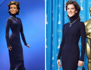 Колекционерска кукла Barbie на Селин Дион с тъмносиня рокля и синьо колие във формата на сърце, вдъхновена от „Оскарите“ през 1998 г.