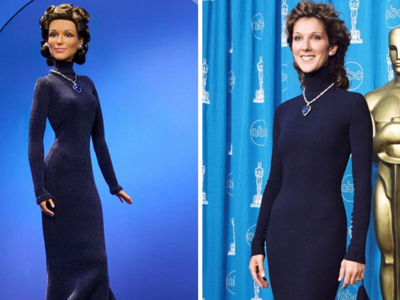 Колекционерска кукла Barbie на Селин Дион с тъмносиня рокля и синьо колие във формата на сърце, вдъхновена от „Оскарите“ през 1998 г.